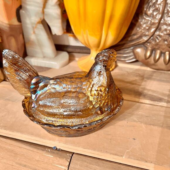 Vintage Mosser / L.G. Wright Carnival Amber Glass Hen on Nest – 7” - Picture 5 of 6